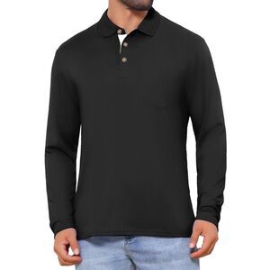 Contrast Button Collared Pocket Long Sleeves Golf Polo T-Shirts Black